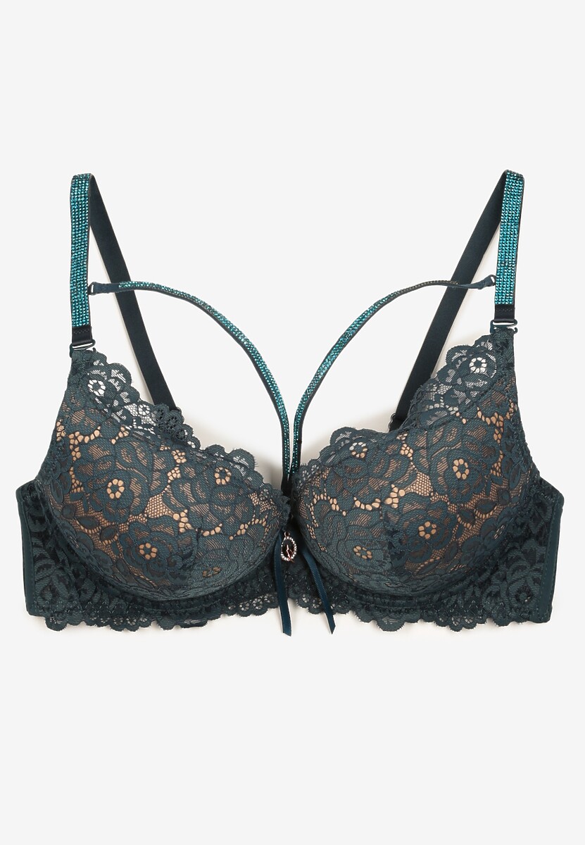 Sutien Verde Închis din Dantelă cu Pietre Strălucitoare și Efect Push-Up Ivantia 2