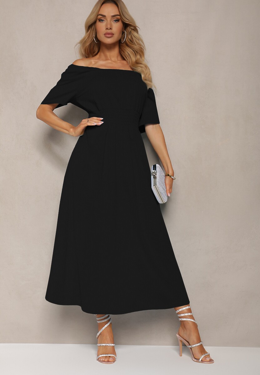 Rochie Neagră Cloș cu Mânecă Scurtă și Elastic în Talie Katteria 1
