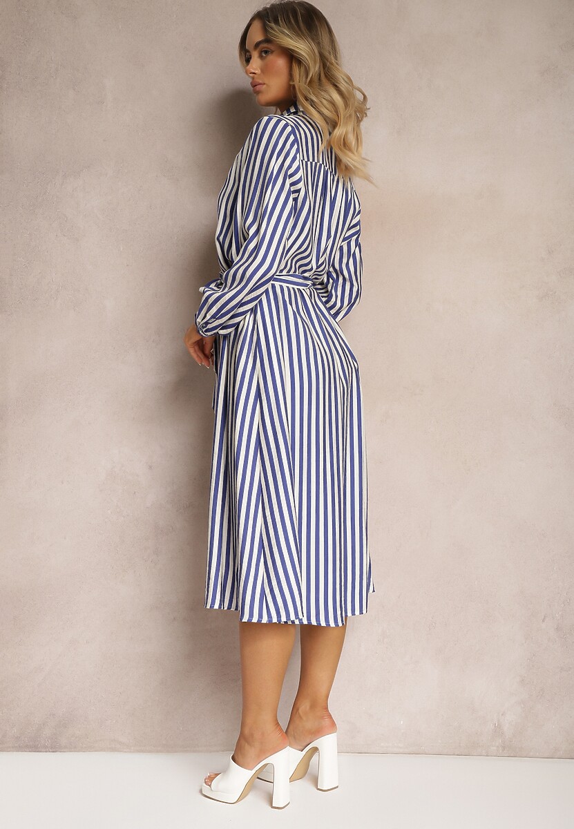 Rochie bleumarin-albă în stil cămașă cu curea din material și nasturi Dimori 3