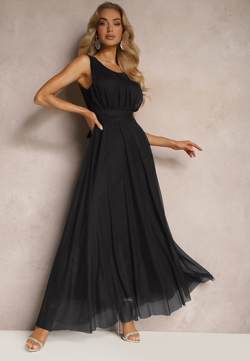Rochie Neagră de Cocktail cu Tul Elastar Fără Mâneci 1
