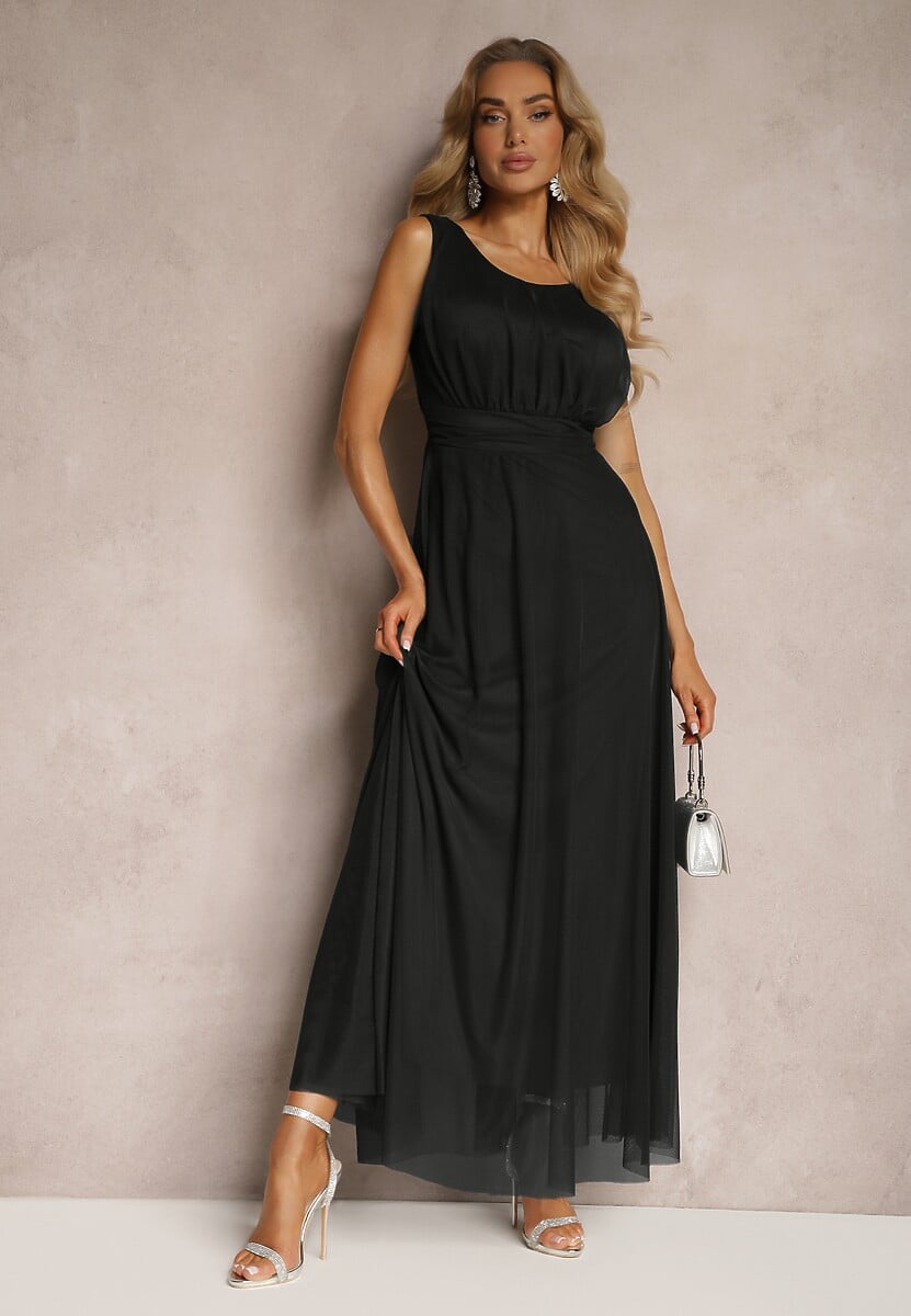 Rochie Neagră de Cocktail cu Tul Elastar Fără Mâneci 2