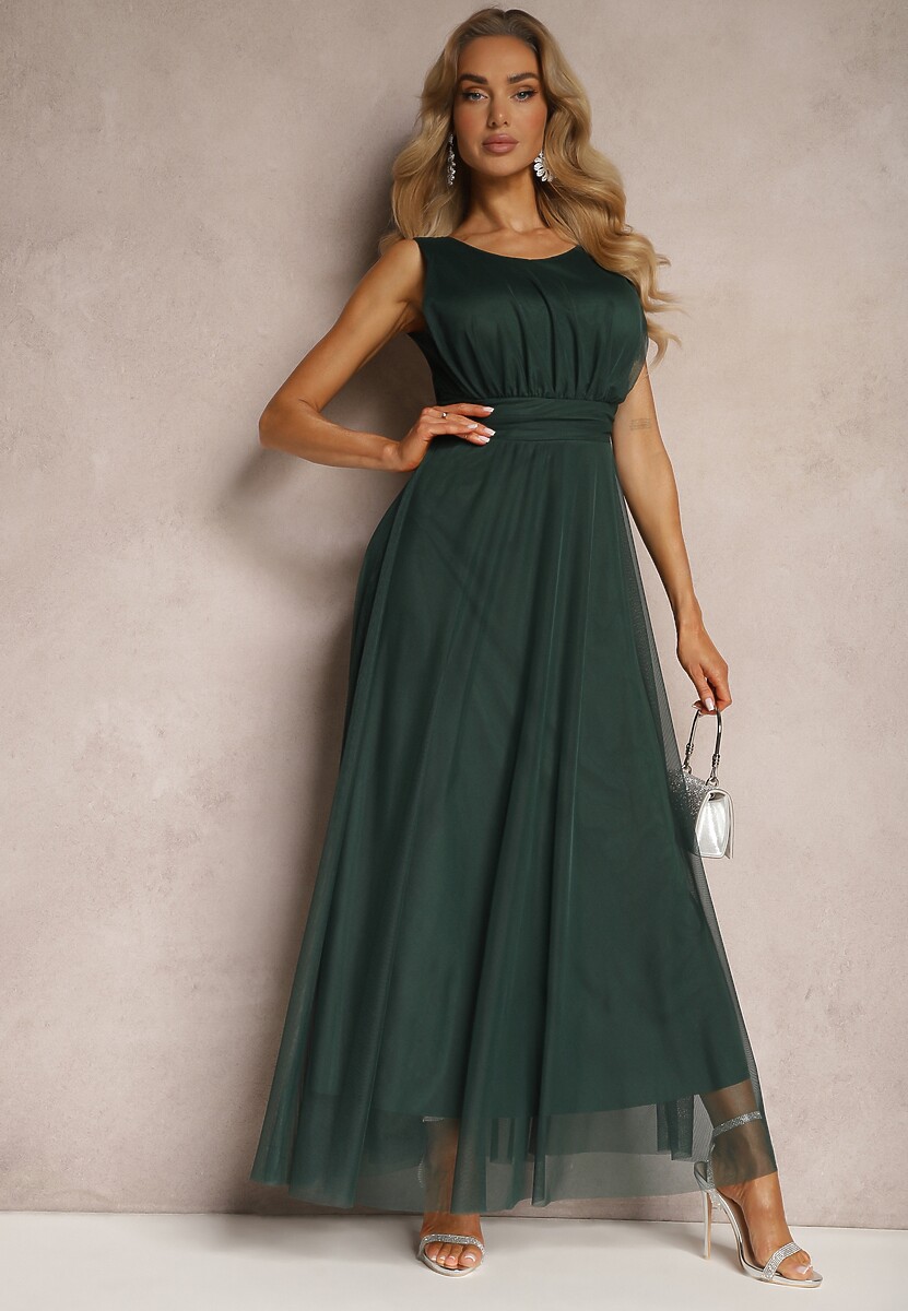Rochie de cocktail verde cu tul și elastic fără mâneci 1
