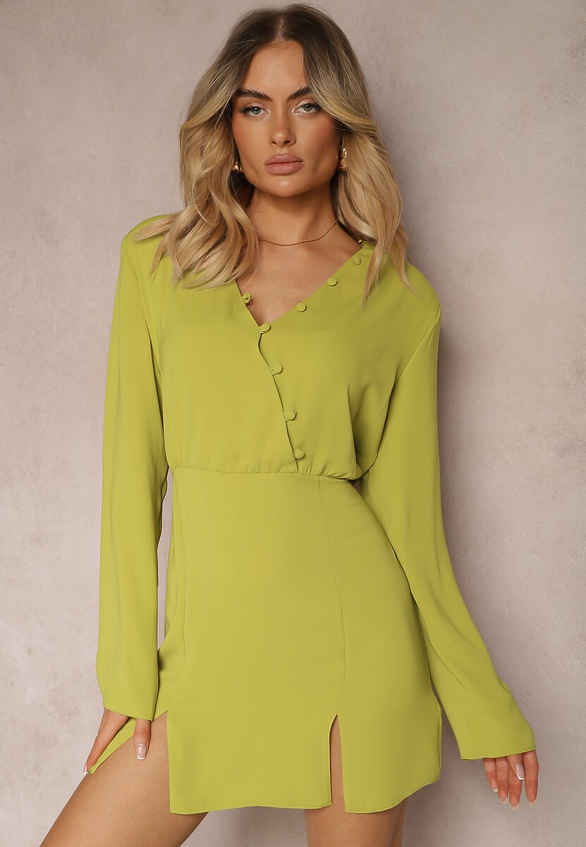 Rochie Verde Deschis Croi Cambrat Nasturi Elastic Talie Dimmara 1