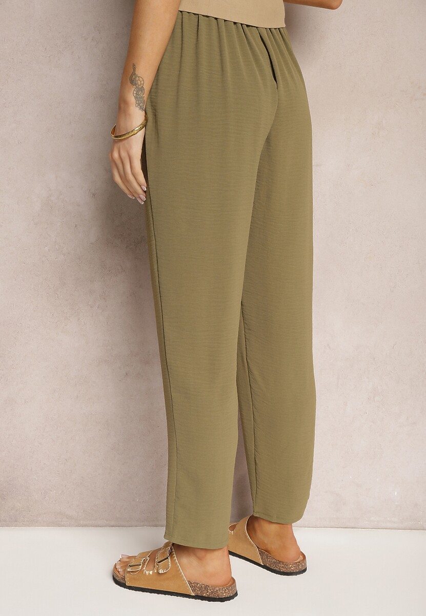 Ciemnozielone Spodnie Regular High Waist z Wiązaniem w Pasie Dimeca 3