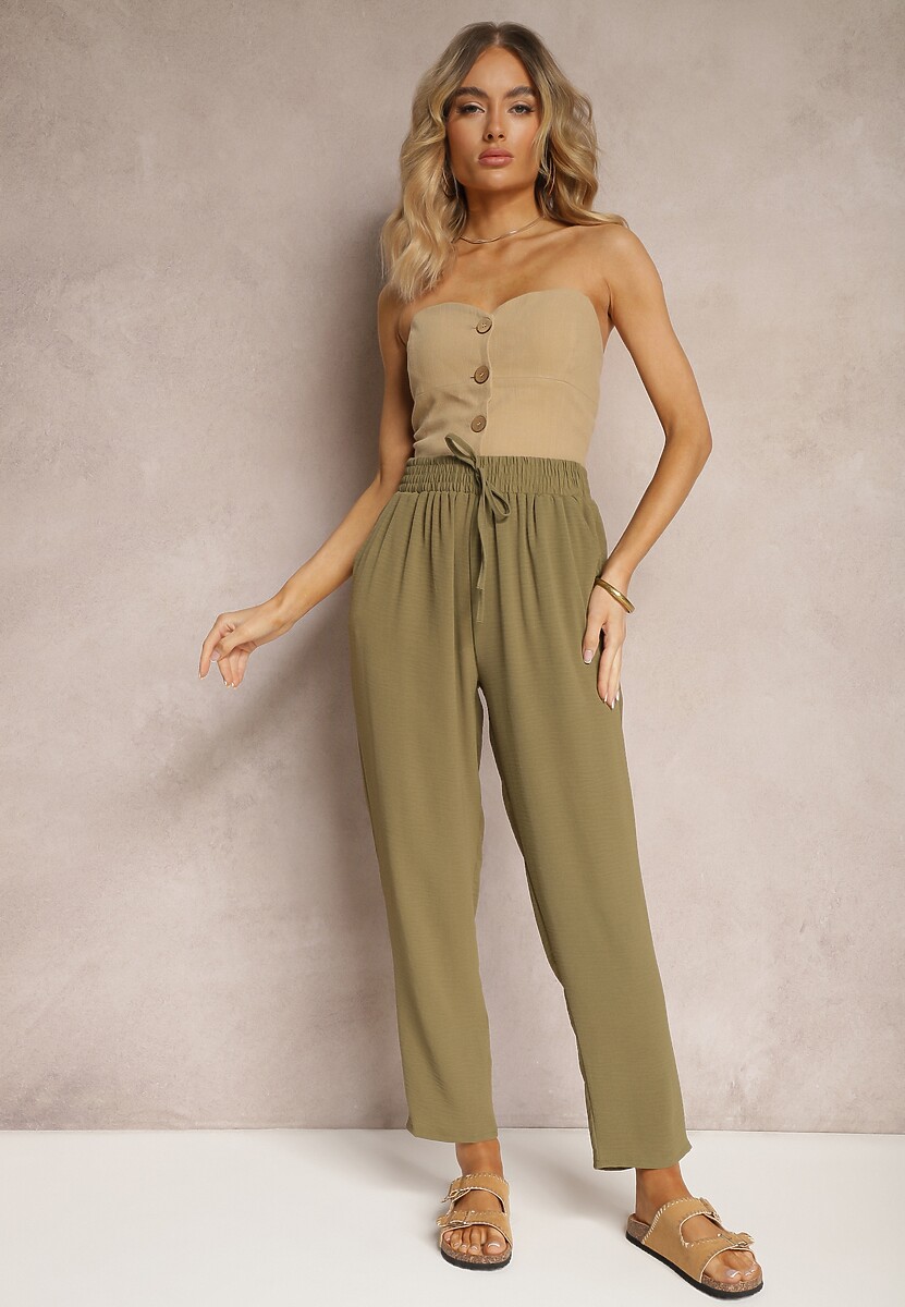 Ciemnozielone Spodnie Regular High Waist z Wiązaniem w Pasie Dimeca 2