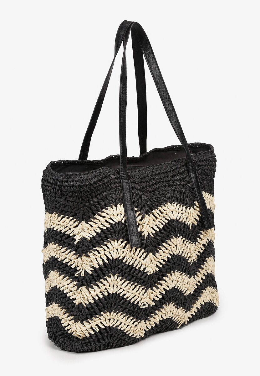 Geantă Negru-Crem cu Mânere în Stil Boho și Împletitură 2