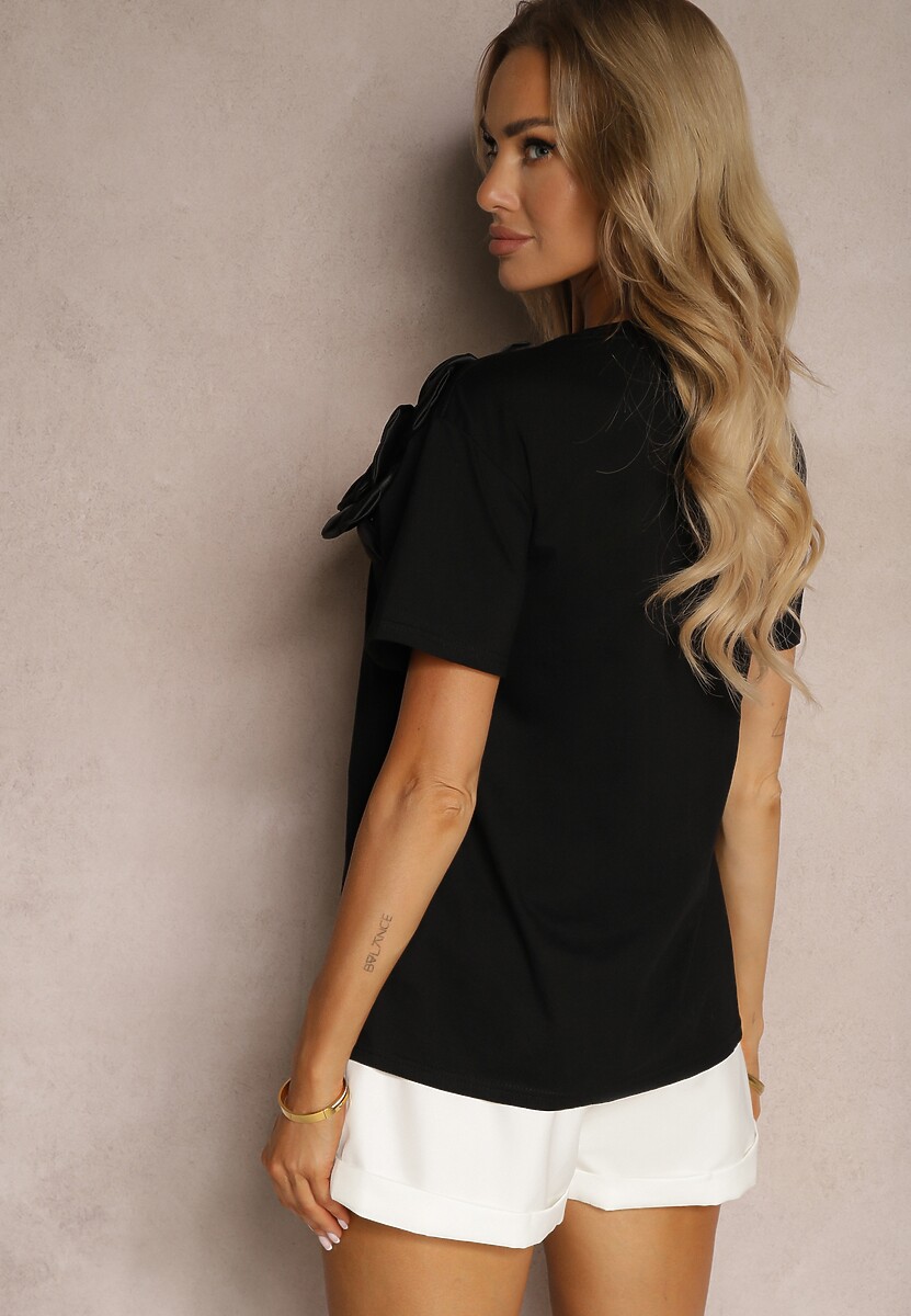 Tricou Negru din Bumbac cu Mânecă Scurtă și Aplicație Floare Dimasa 3