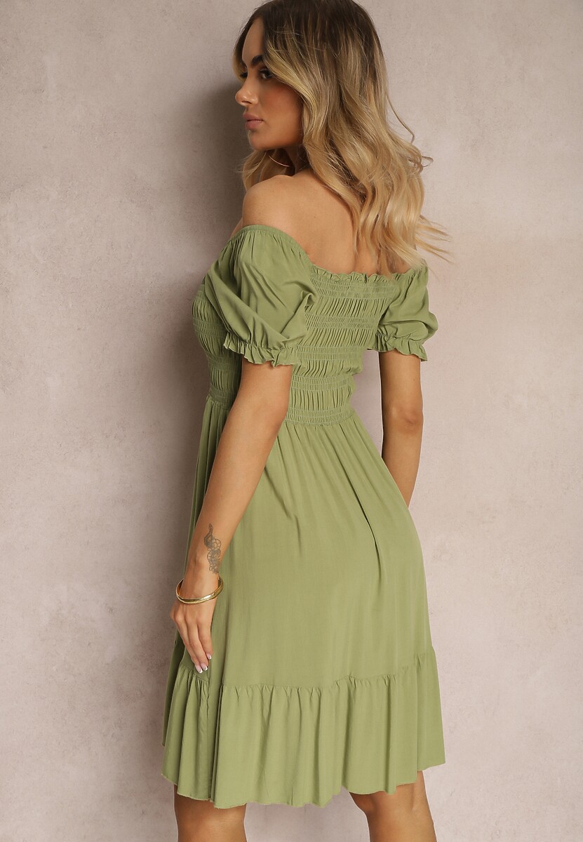 Rochie verde din bumbac evazată cu partea de sus încrețită și volane Dimettria 3