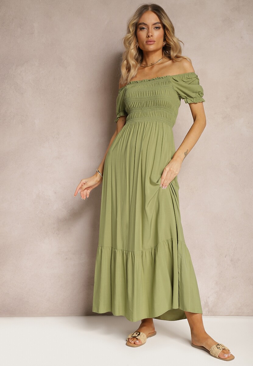 Rochie evazată verde din bumbac tip hispanic cu partea de sus plisată Xilvia 2