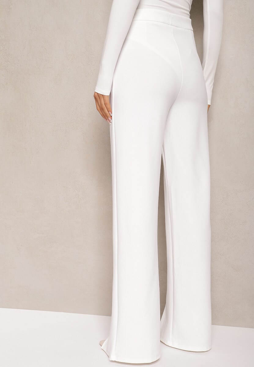 Pantaloni eleganți albi cu talie înaltă croi larg cu viscoză și crăpături Yurlea 3