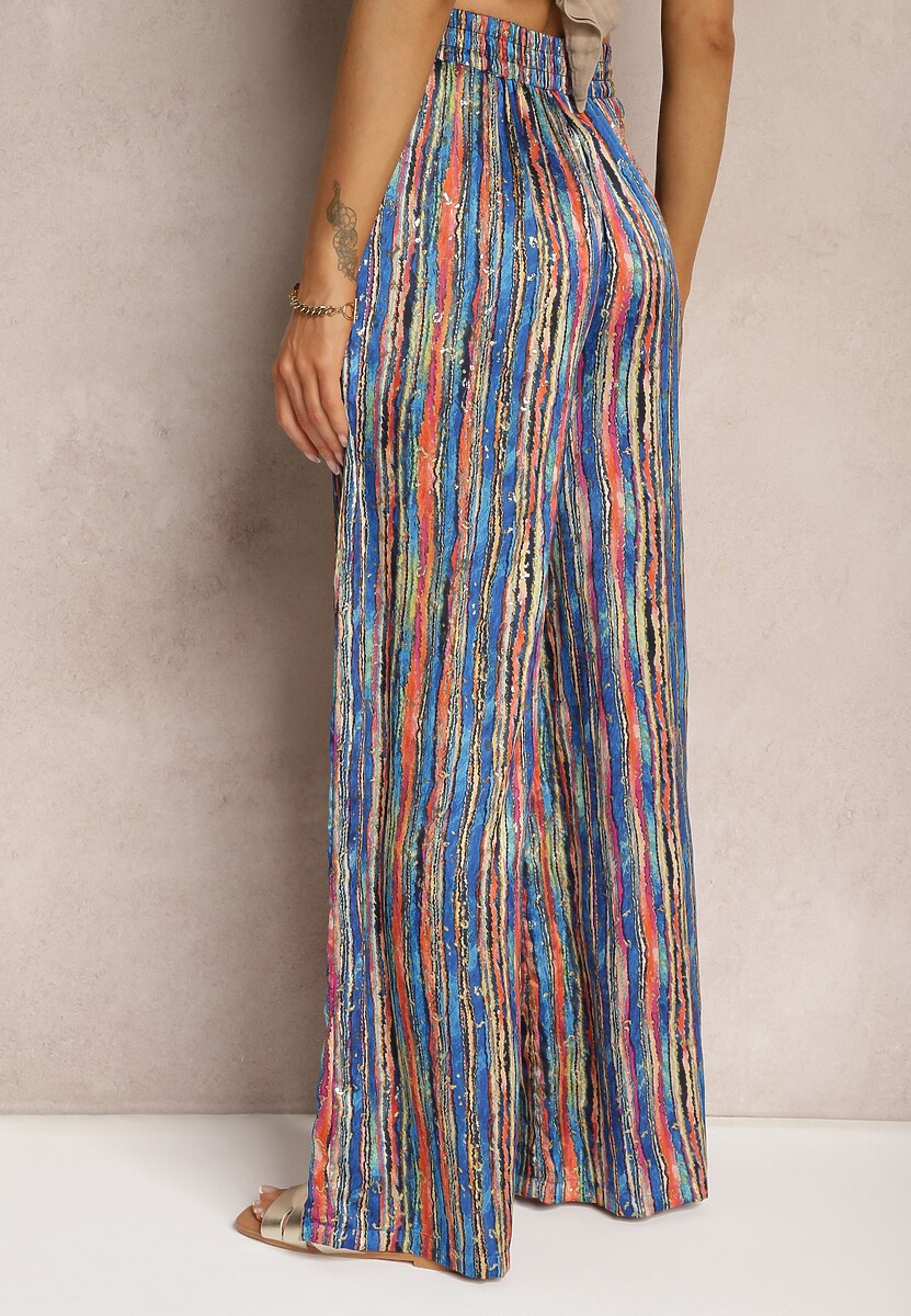 Bleumarin-Portocaliu Pantaloni Stil Palazzo Decorat Paiete Elastic Talie Hinlea 3