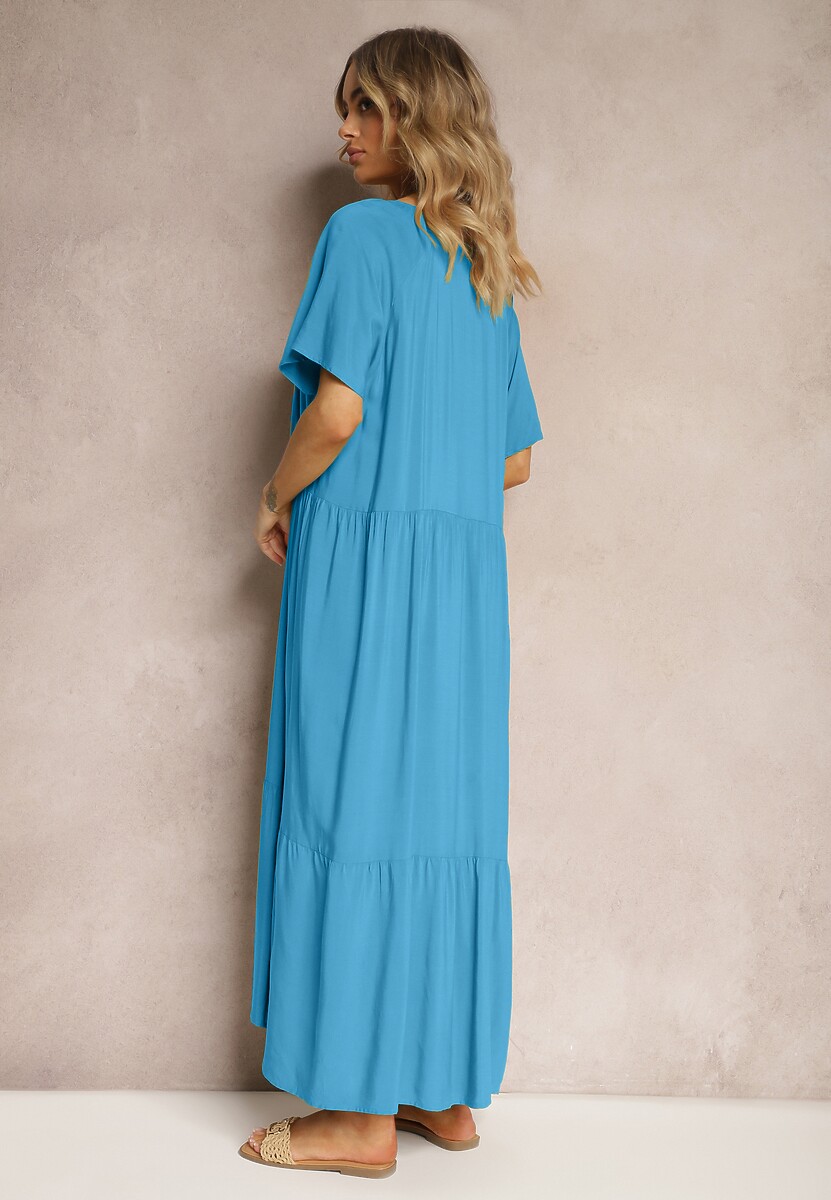 Rochie din viscoză albastră cu mânecă scurtă și croială evazată Delantia 3