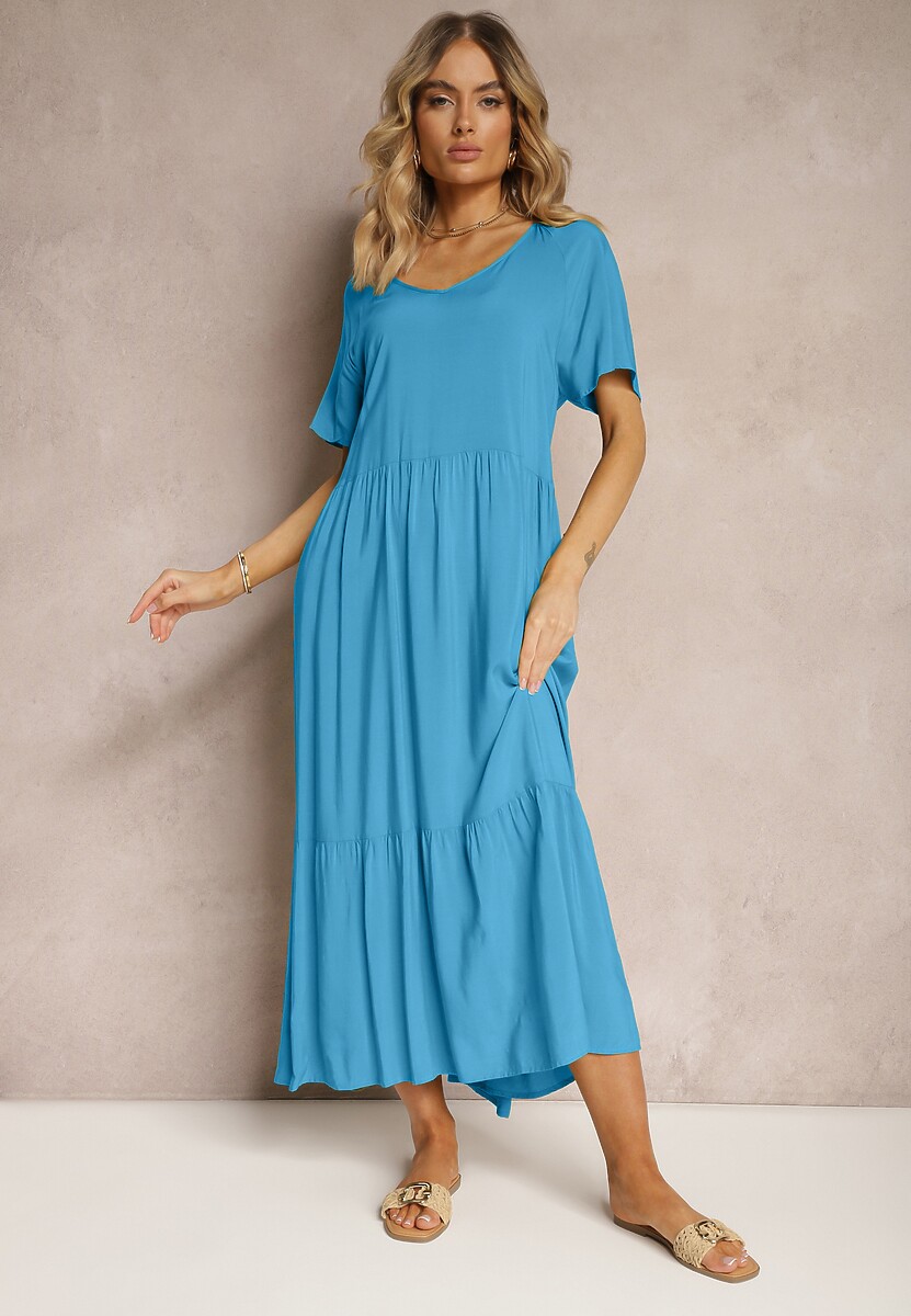 Rochie din viscoză albastră cu mânecă scurtă și croială evazată Delantia 1