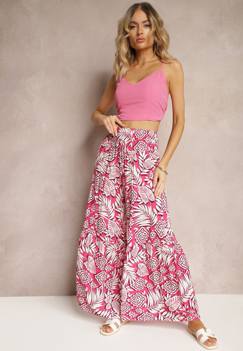 Roz Pantaloni Boho Talie Înaltă cu Picior Larg și Elastic în Talie Elatine 2