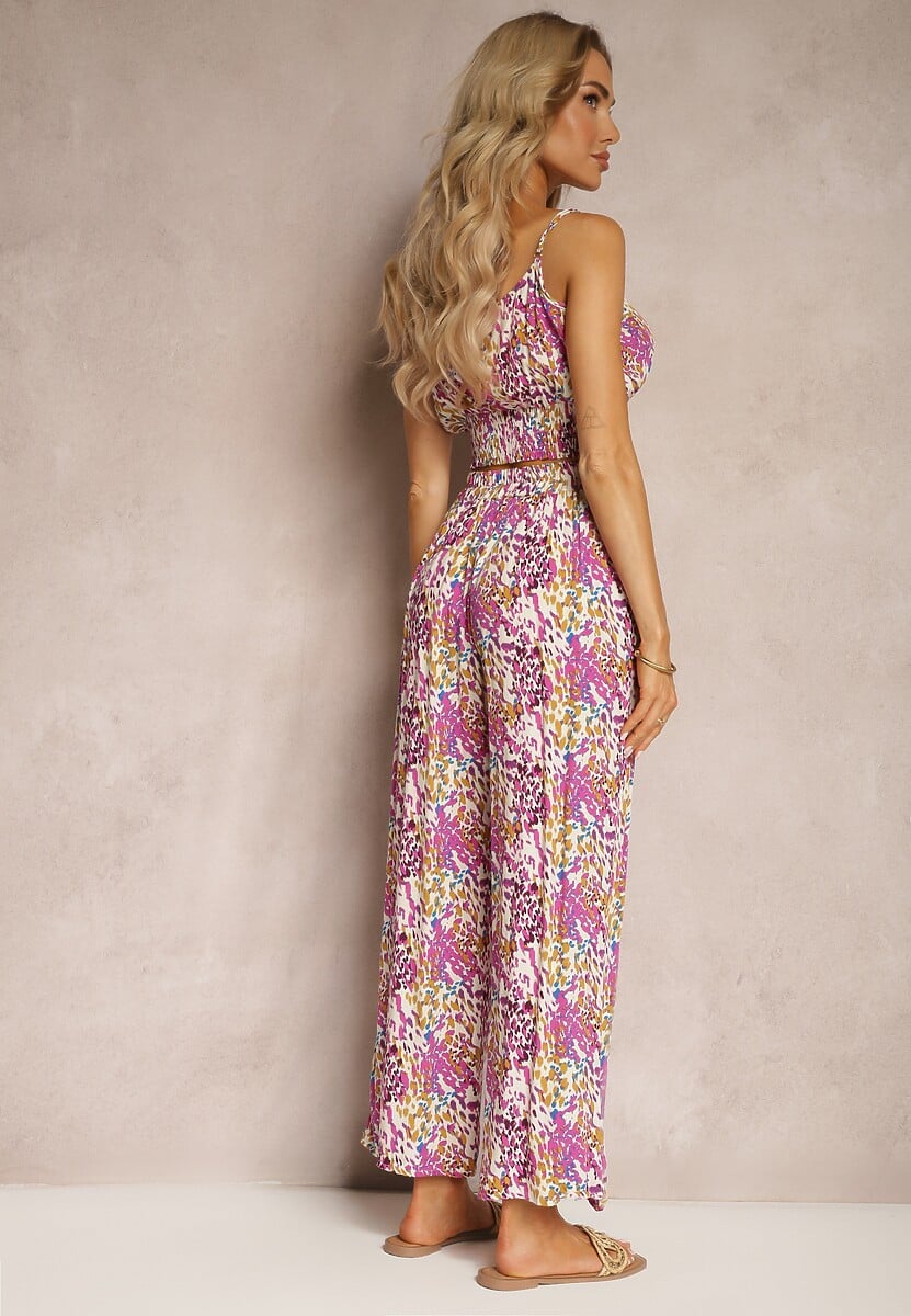 Set Roz Top Scurt Bretele Pantaloni Largi Elastic Talie Dimyila 3