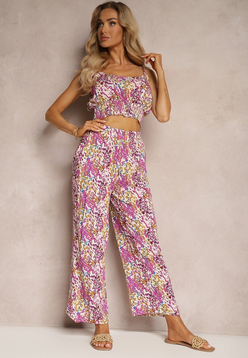 Set Roz Top Scurt Bretele Pantaloni Largi Elastic Talie Dimyila 2
