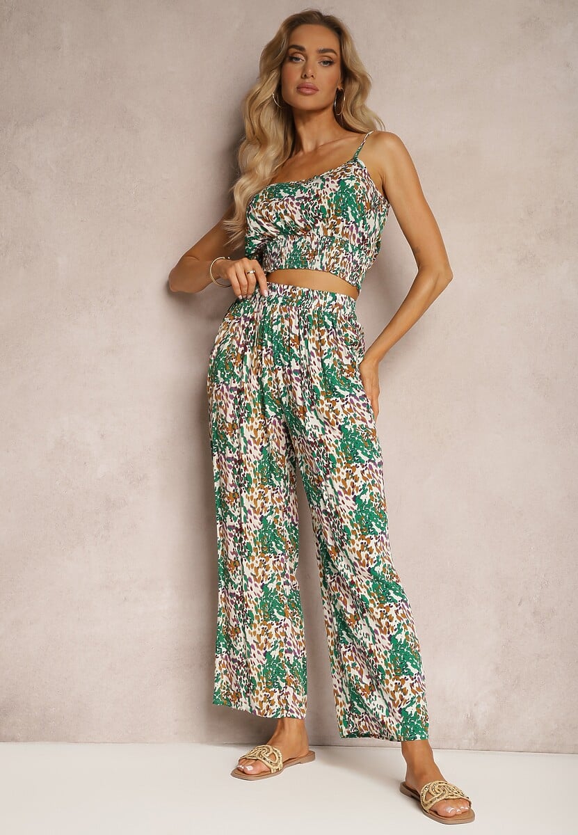 Set Verde din Viscoză Top Scurt pe Bretele Pantaloni Largi cu Elastic în Talie Dimyila 2
