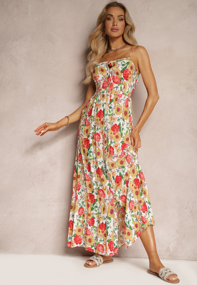 Rochie Viscoză Alb-Galbenă Cu Imprimeu Floral Cu Elastic în Talie și Bretele Reglabile Ostialia 1