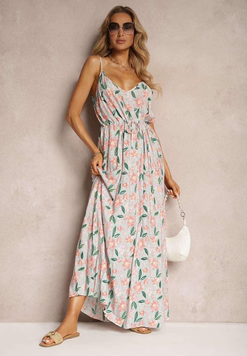 Rochie verde deschis din viscoză cu elastic și bretele reglabile cu imprimeu floral Abcolia 1