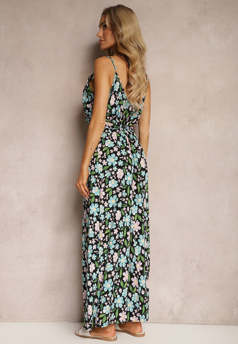 Rochie Viscoză Neagră-Albastră cu Elastic și Bretele Reglabile cu Imprimeu Floral Abcolia 3