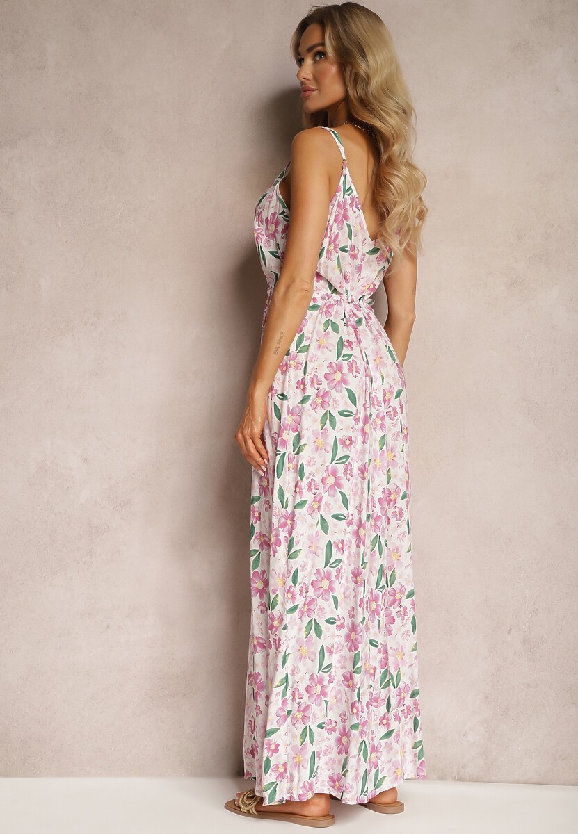 Rochie Roz Viscoză cu Elastic și Bretele Reglabile cu Imprimeu Floral Abcolia 3
