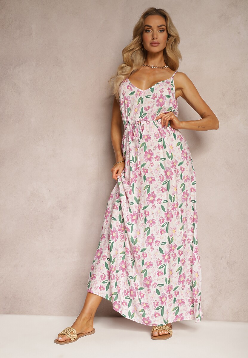 Rochie Roz Viscoză cu Elastic și Bretele Reglabile cu Imprimeu Floral Abcolia 2