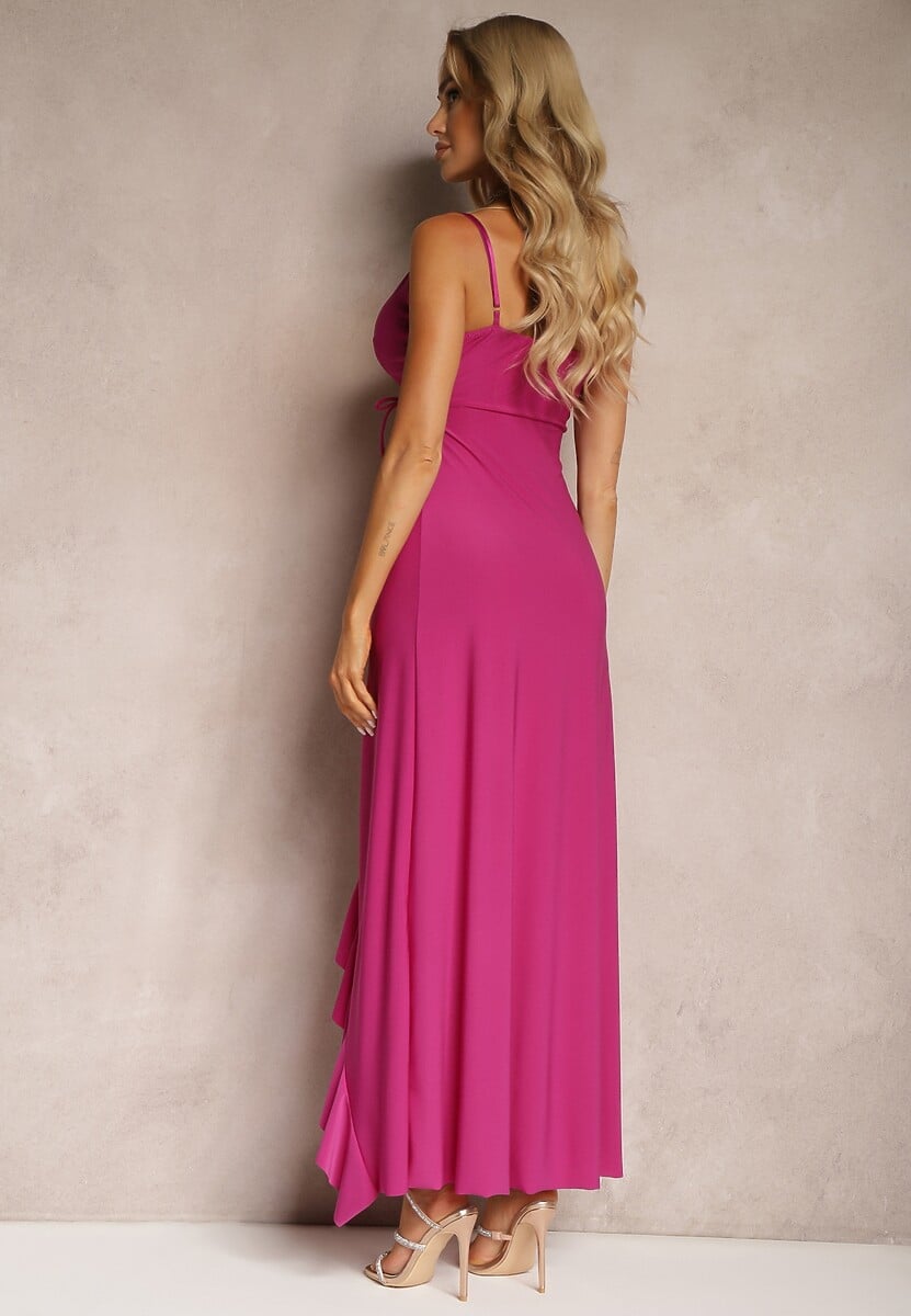 Rochie de Seară Fucsia Tip Plic cu Bretele cu Volan și Decolteu Triunghiular Nestany 3