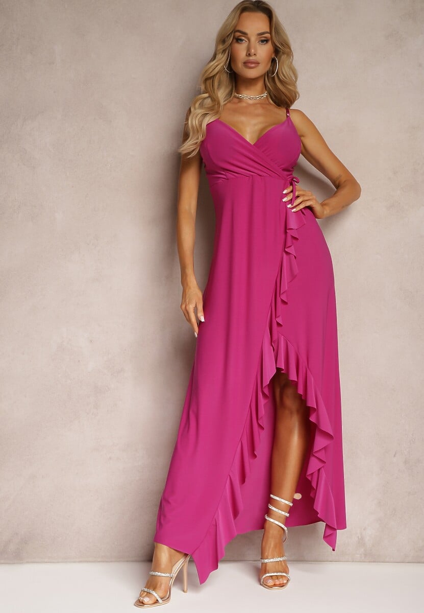 Rochie de Seară Fucsia Tip Plic cu Bretele cu Volan și Decolteu Triunghiular Nestany 2