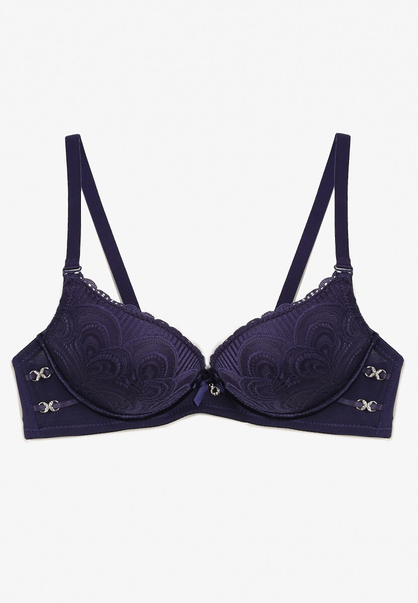Sutien albastru marin cu dantelă tip push-up cu cupe întărite și decorațiuni Ellalli 2