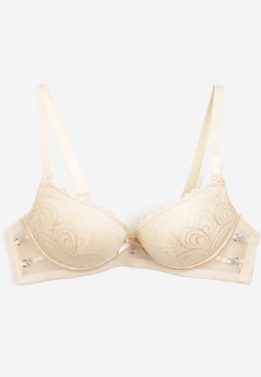 Sutien bej deschis din dantelă push-up cu cupe rigidizate și decorațiuni Ellalli 1