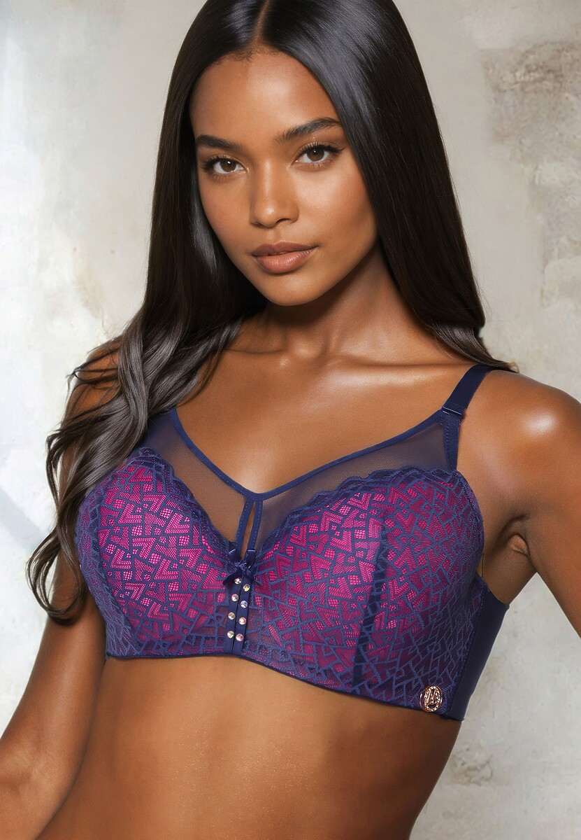 Bleumarin-Fucsia Dantelă Sutien Full Cup Bretele Reglabile Zirconiu Elleth 1