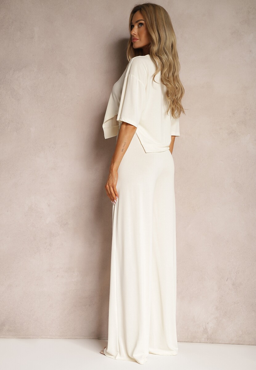 Jasnobeżowy Dresowy Komplet Krótka Bluzka z Rozcięciem Spodnie z Wysokim Stanem i Gumką w Talii Tamary 3