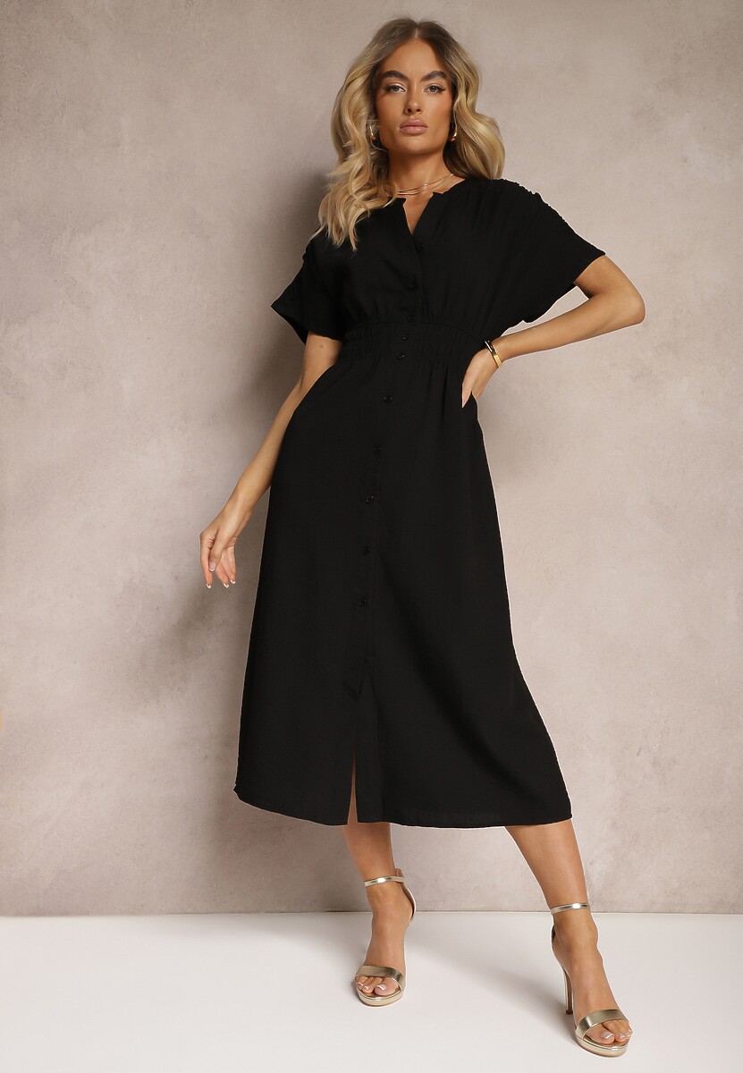 Rochie Neagră cu Vâscoză Croi Cloș Cămașă Nasturi Elastic în Talie Fuvlea 1