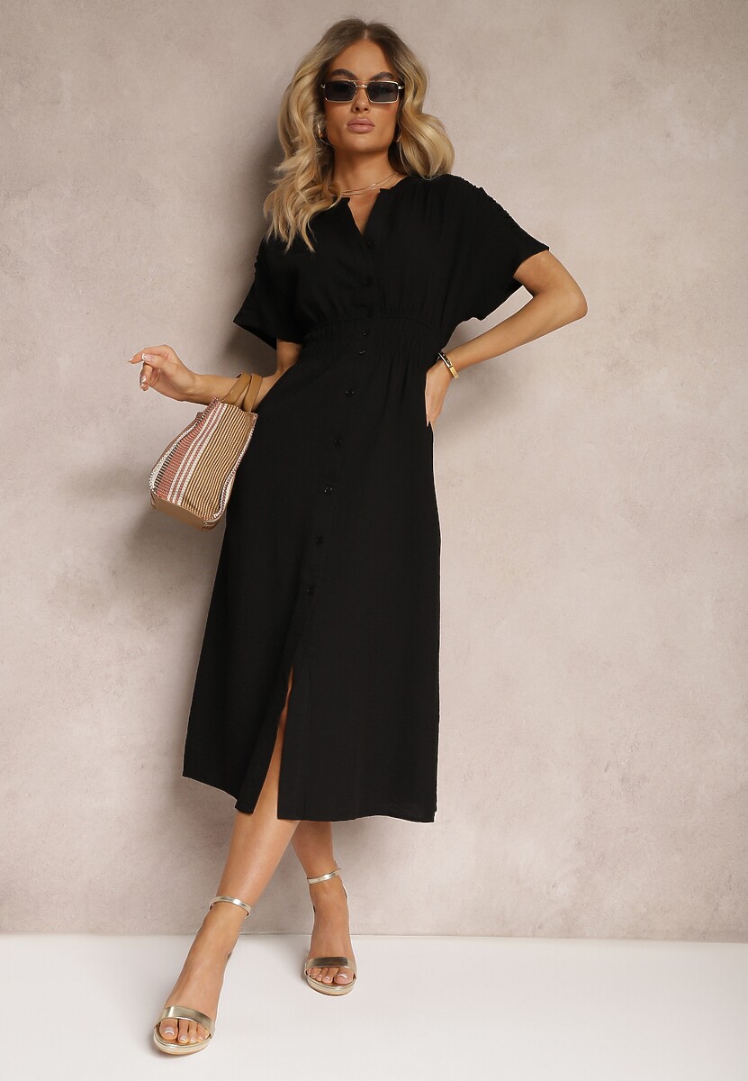 Rochie Neagră cu Vâscoză Croi Cloș Cămașă Nasturi Elastic în Talie Fuvlea 2