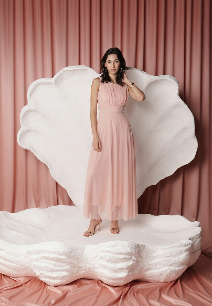 Rochie de cocktail roz cu fusta din tulle fără mâneci Elastar 3