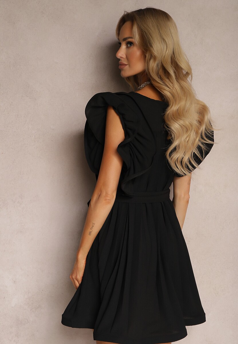 Rochie Neagră Pliuri Volane Curea Material Criselle 3
