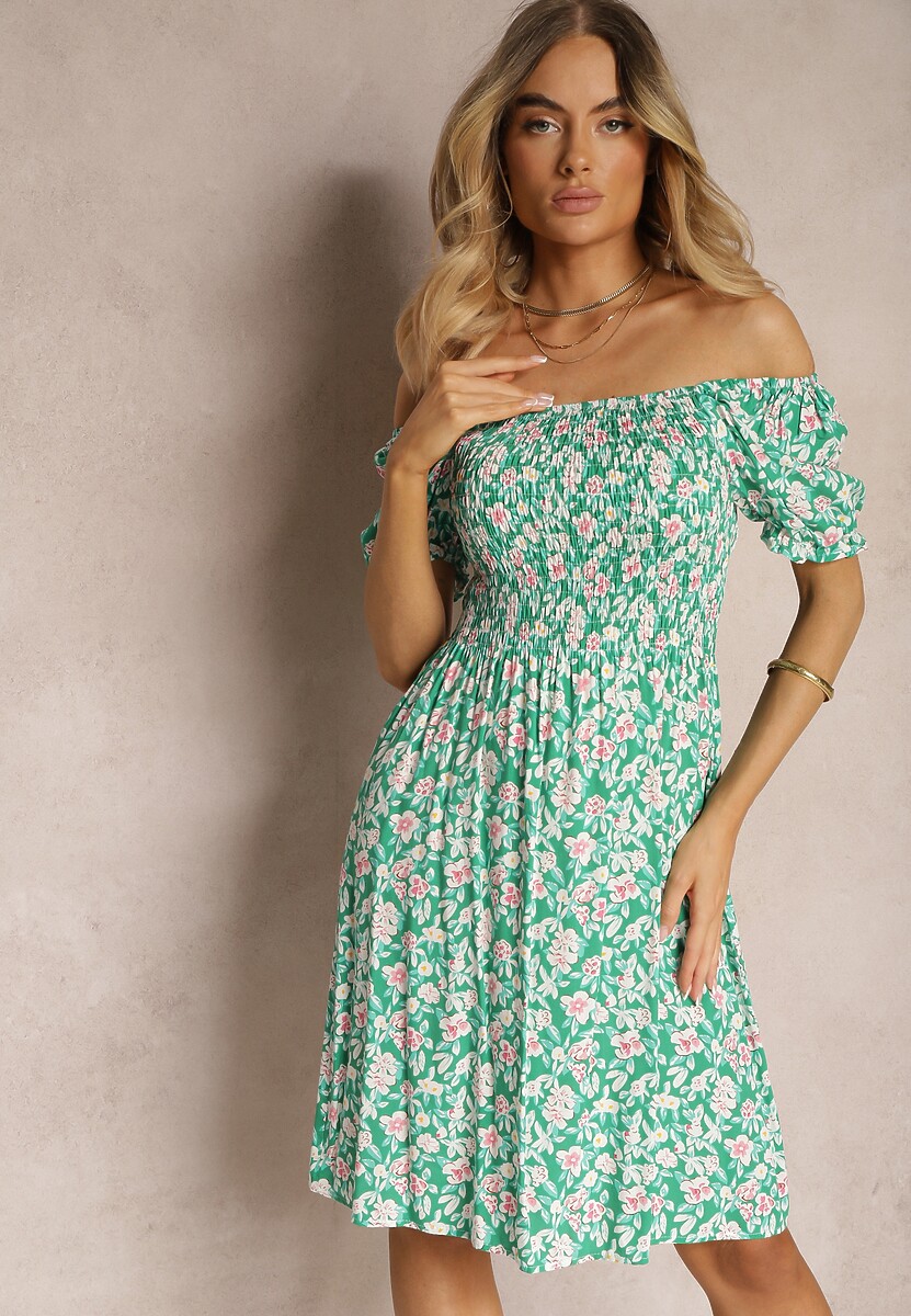 Rochie Verde din Viscoză Tip Carmen cu Partea Superioară Încrețită Pralea 1