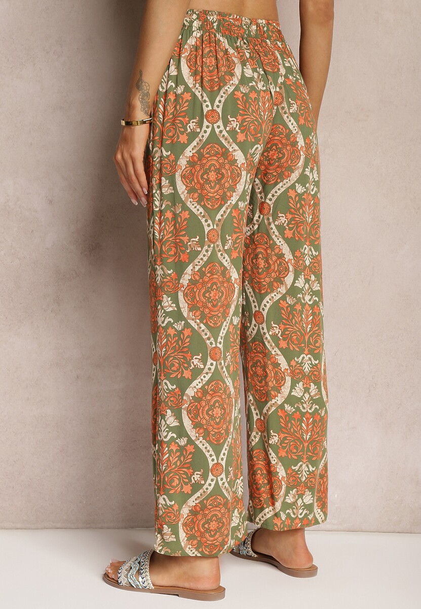 Ciemnobeżowe Wiskozowe Spodnie Boho High Waist z Szerokimi Nogawkami i Gumką w Talii Tiamarra 3