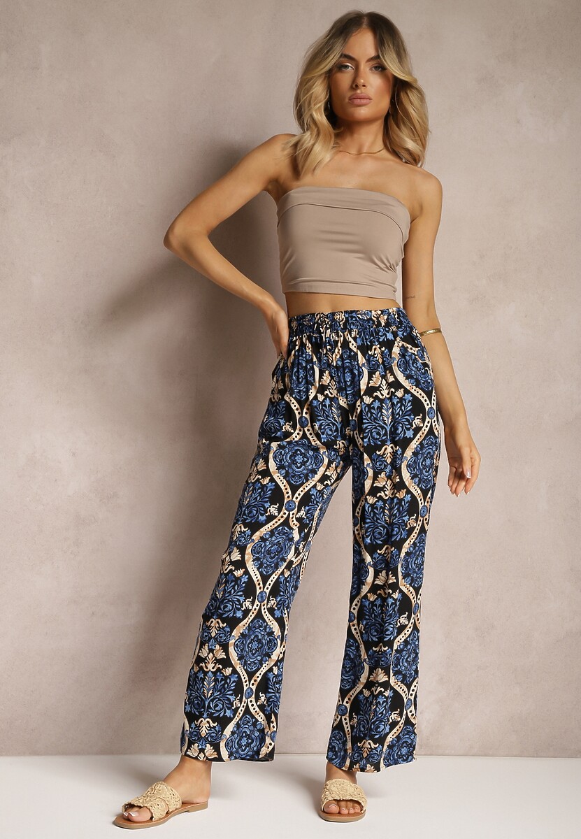 Czarno-Granatowe Wiskozowe Spodnie Boho High Waist z Szerokimi Nogawkami i Gumką w Talii Tiamarra 2