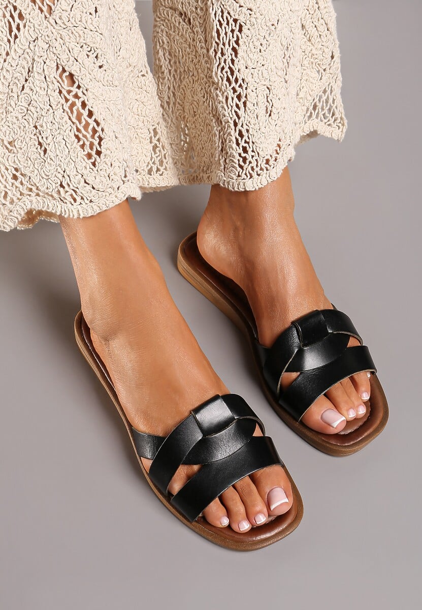 Clapete Negre Casual Din Piele cu Barete Decorative Dimittria 2