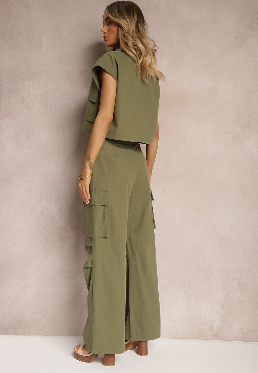 Set Verde din Bumbac Pantaloni Stil Cargo Cămașă cu Nasturi cu Buzunare Dimnas 3