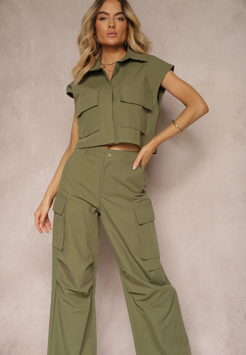 Set Verde din Bumbac Pantaloni Stil Cargo Cămașă cu Nasturi cu Buzunare Dimnas 1