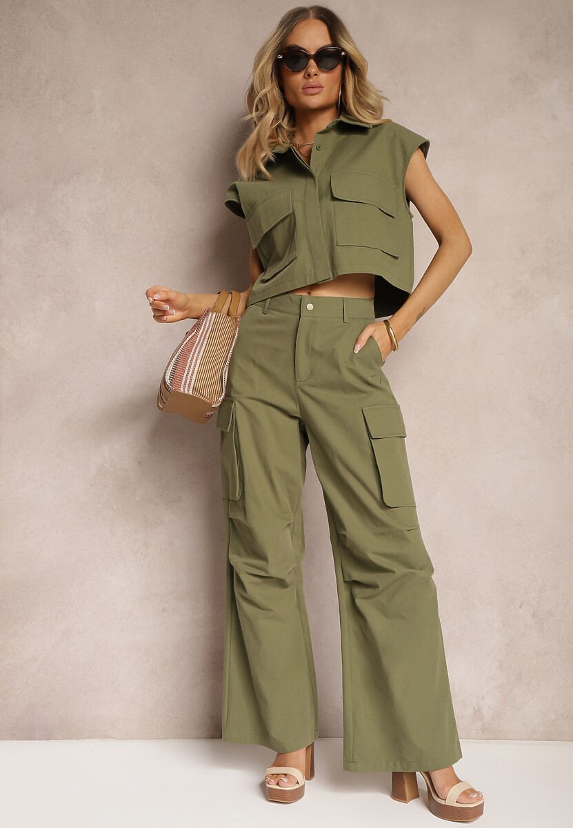 Set Verde din Bumbac Pantaloni Stil Cargo Cămașă cu Nasturi cu Buzunare Dimnas 2