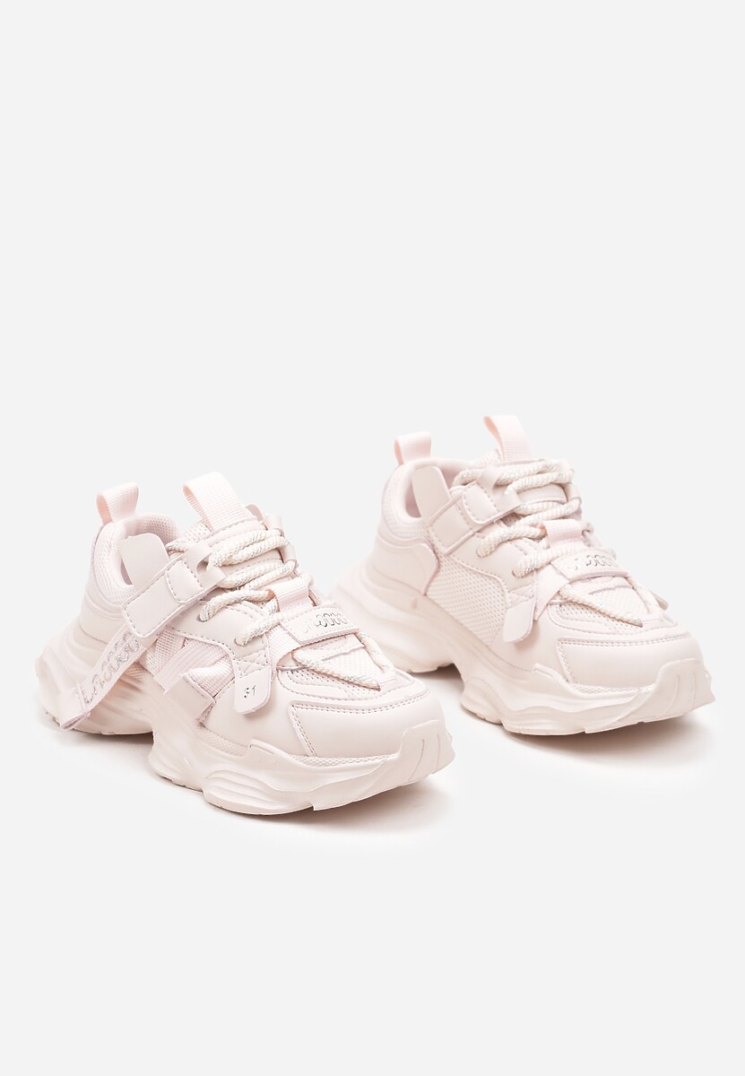 Różowe Buty Sportowe Sneakersy  na Płaskiej Tłoczonej Podeszwie z Ozdobnymi Taśmami Pezitha 2