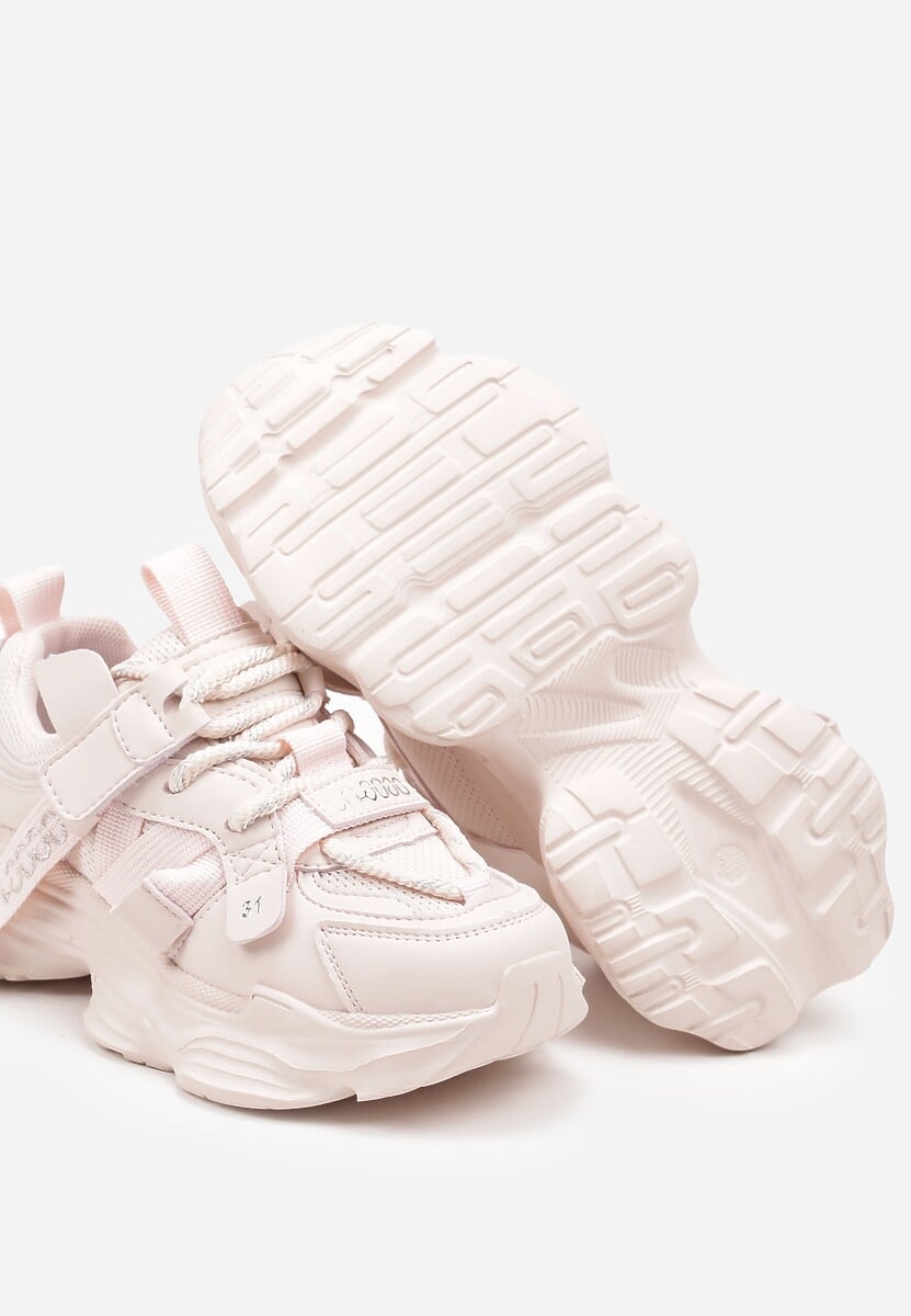 Różowe Buty Sportowe Sneakersy  na Płaskiej Tłoczonej Podeszwie z Ozdobnymi Taśmami Pezitha 3