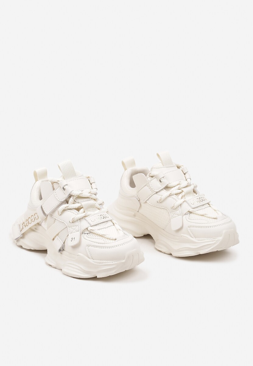 Beżowe Buty Sportowe Sneakersy  na Płaskiej Tłoczonej Podeszwie z Ozdobnymi Taśmami Pezitha 2