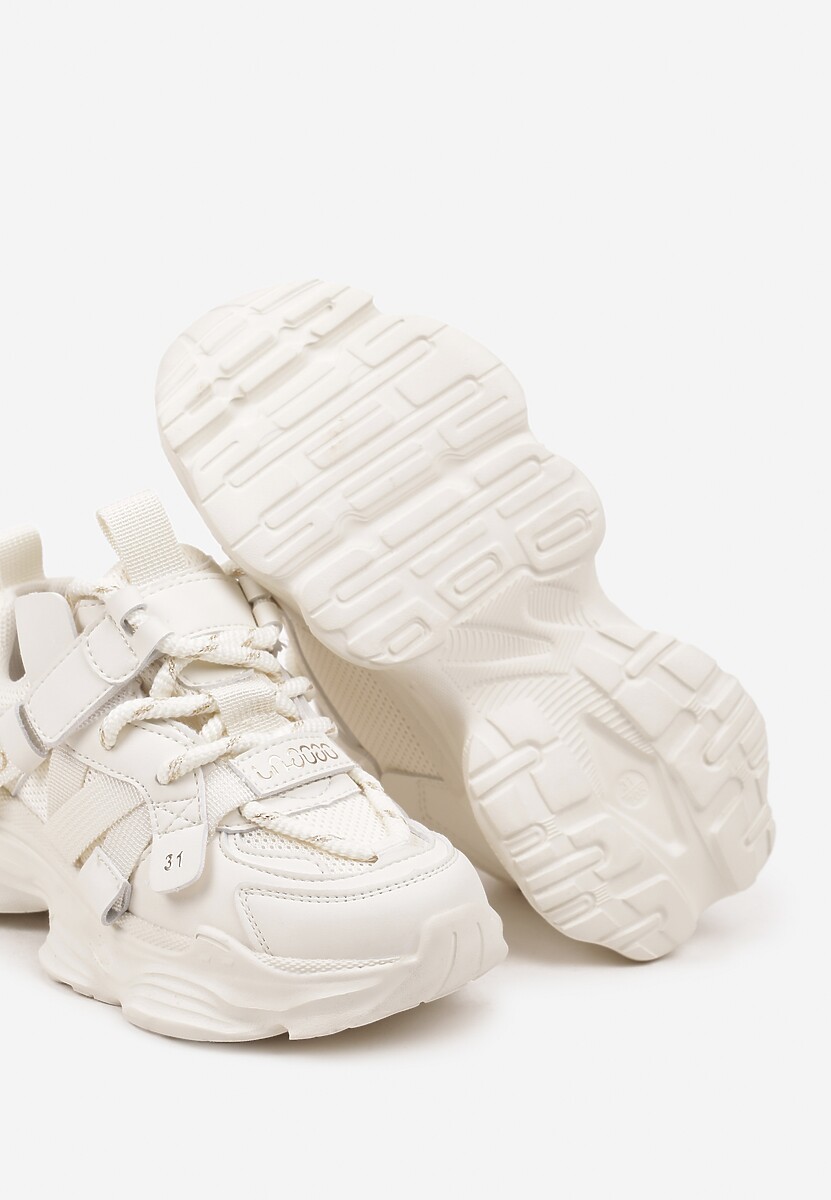 Beżowe Buty Sportowe Sneakersy  na Płaskiej Tłoczonej Podeszwie z Ozdobnymi Taśmami Pezitha 3