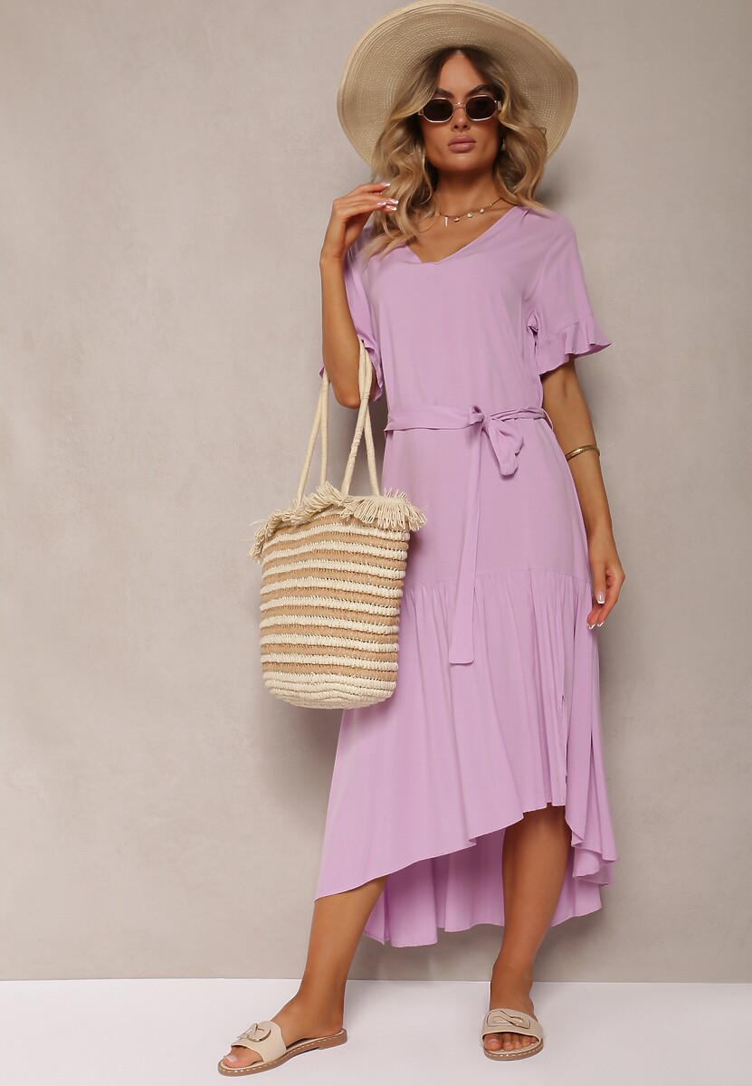 Rochie Violetă Clopot cu Volane și Curea din Material în Talie Dimrias 3