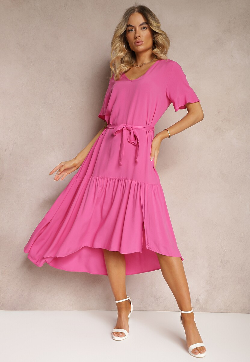 Rochie fuchsia clos cu volane și curea din material Dimrias 1