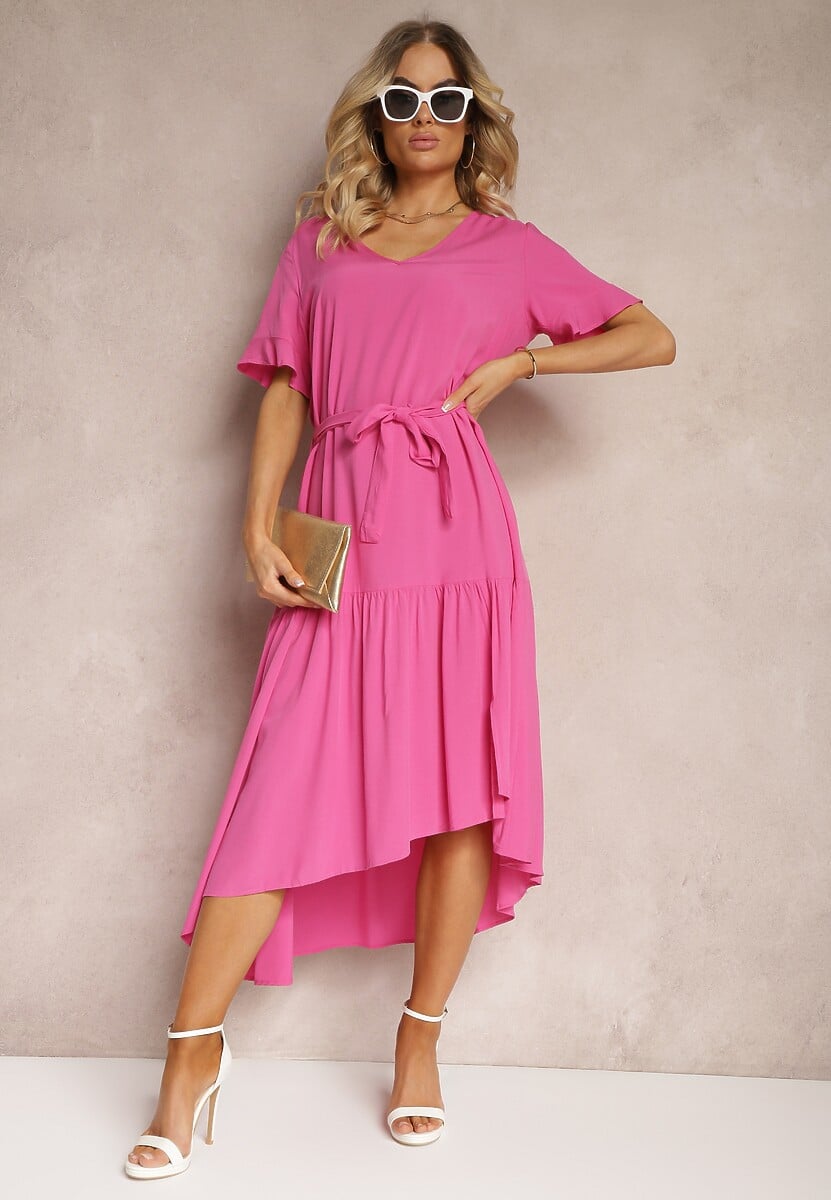 Rochie fuchsia clos cu volane și curea din material Dimrias 2